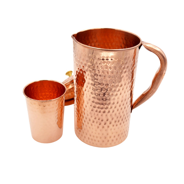 Handcrafted Hammered Pure Copper Water Jug with 250 ml Copper Glass Set for Drinking Water